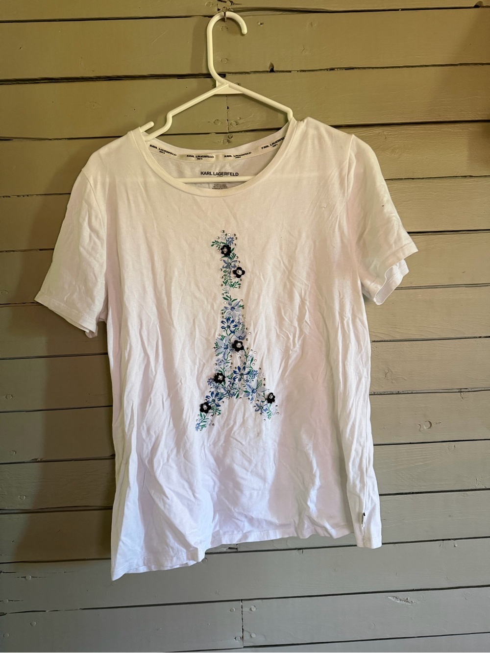Karl Lagerfeld White Tee with Blue Floral Eiffel Motif
